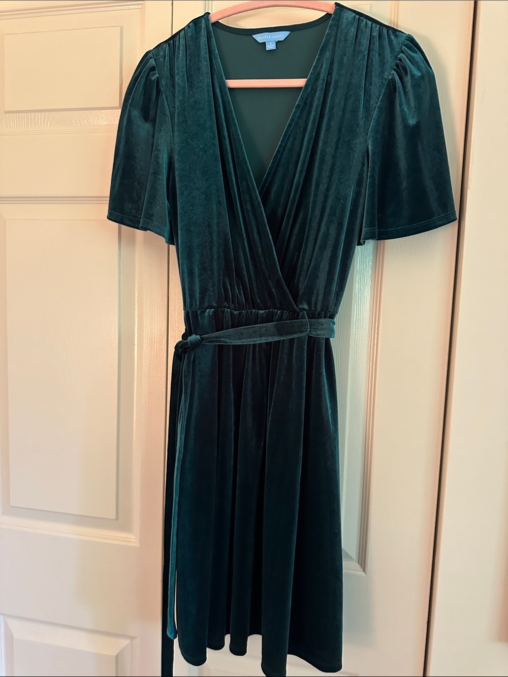 Draper James Emerald Green Velvet Wrap Dress with Tie Waist